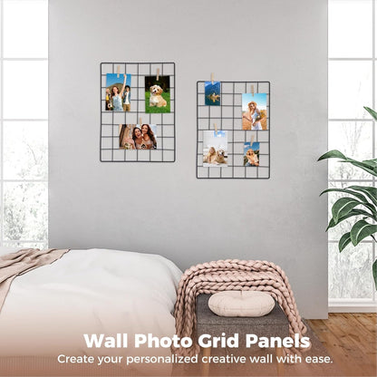 Lnrueg Wire Wall Grid Panel with Wall Grid Shelf with Photo Frames for Photo Display, Metal Mesh Message Board Memo Boards, Heavy Duty Gridwall Display Rack for Art Retail Display (Black-A)