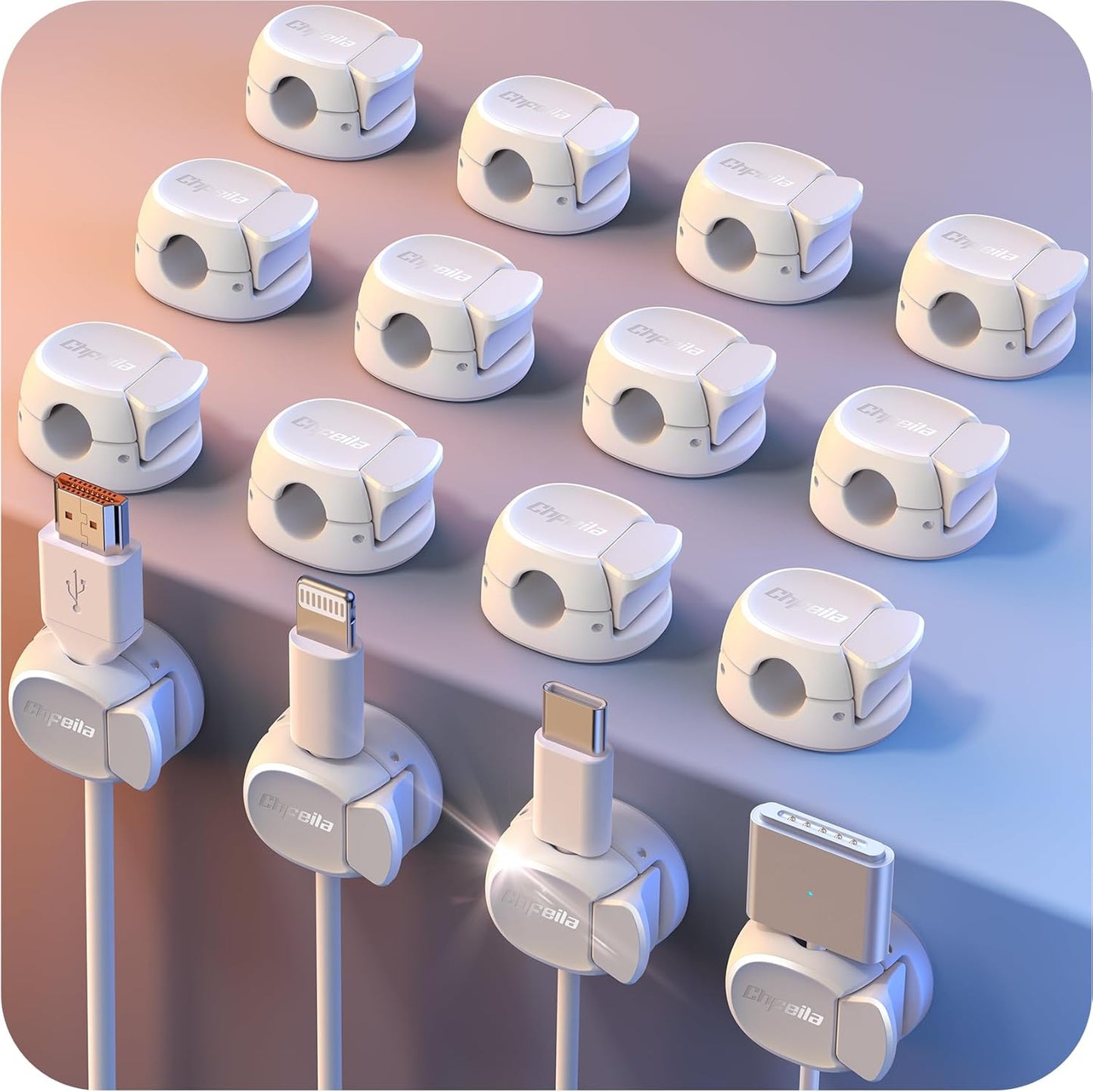 Chfeila 8 Pack Cable Clips [Dual Spring & Clasp] Cable Management, Max Secure Adhesive Cord Organizer, Cord Holder for Nightstand, School Office, College Dorm Essentials, Desk Accessories & Decor