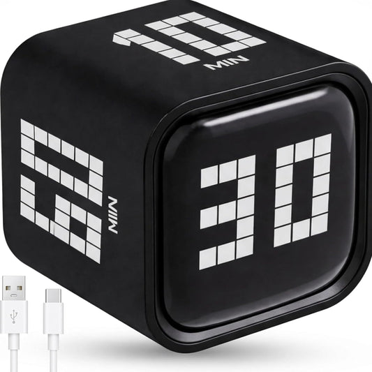 Digital Pomodoro Timer Cube, Rechargeable Type-C Productivity Countdown Clock for Study, ADHD, Kids, Kitchen, 5, 10, 30, 60 Minutes Presets with Volume Control, Black