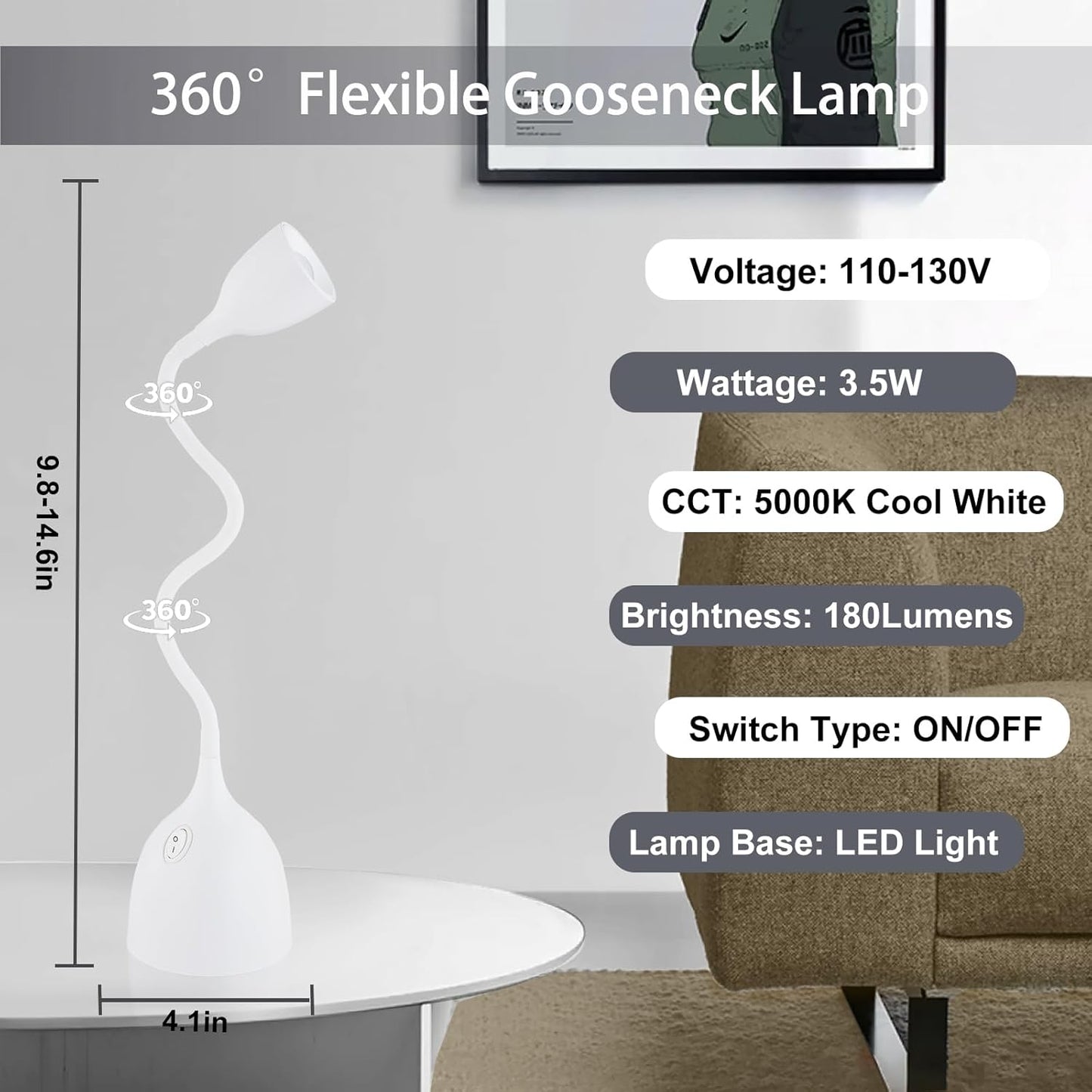 EJIAXIN Desk Lamp for Home Office - Clip on Reading Light and Bed Headboard Clamp Lamp, Bedside Gooseneck Table Lamp, Clip on Desk Lamps, Eye-Caring Desk Lamp for College Dorm Room Study Lamp, White