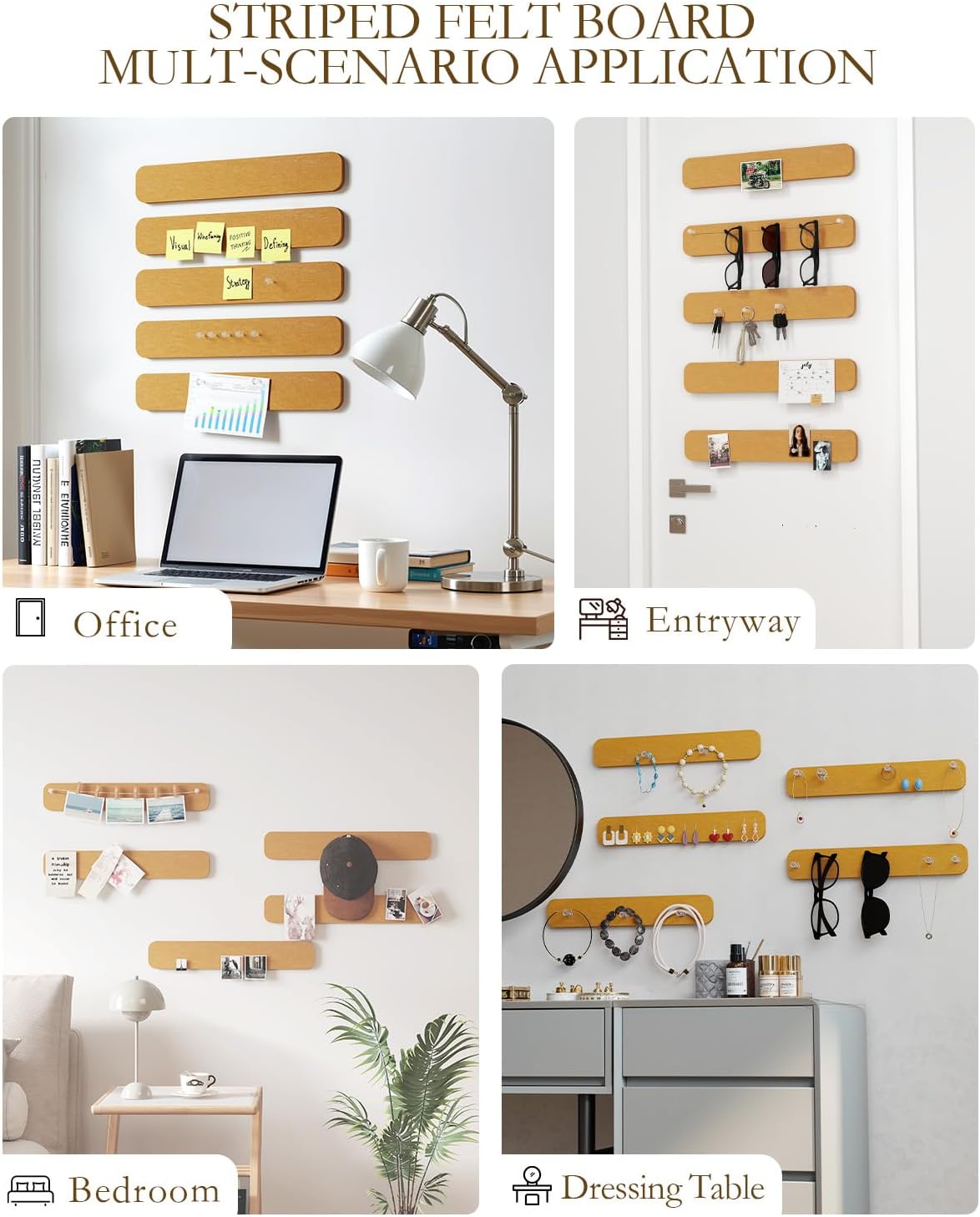 JBER Felt Strip Board 5 Pack 13"x2", Cork Board Alternative Pin Bulletin Board, Self-Adhesive Vision Board with 25 Push Pins for Walls, Office & Home Decor(Light Camel)