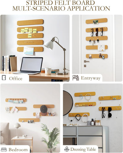 JBER Felt Strip Board 5 Pack 13"x2", Cork Board Alternative Pin Bulletin Board, Self-Adhesive Vision Board with 25 Push Pins for Walls, Office & Home Decor(Light Camel)