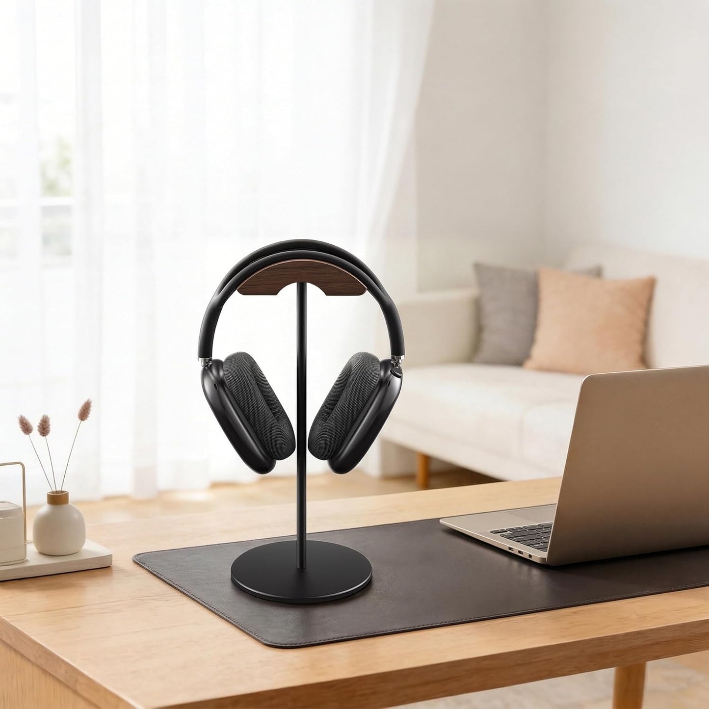 Headphone Stand, Walnut Wood & Aluminum Headset Stand, Nature Walnut Gaming Headset Holder with Solid Heavy Base for All Headphone Sizes (Black)