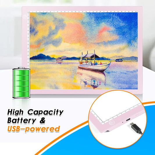 KIVOTAC A4 Rechargeable Light Pad, Portable LED Light up Box Ultra-Thin Brightness Dimmable Battery Powered Bright Copy Board for Weeding Vinyl, Sketching,Drawing,Tracing and Diamond Art