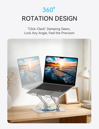 SOUNDANCE 360 Rotating Laptop Stand, Ergonomic Computer Riser for Desk, Adjustable Height Multi-Angle Metal Holder, Foldable Portable Notebook Elevating Base for Office & Home, White