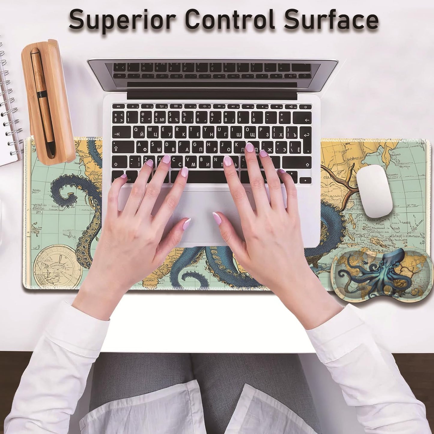 Mouse Wrist Rest and Keyboard Wrist Rest Pad Set, Non-Slip Rubber Base Smooth Surface Ergonomic Gaming Mouse Pad for Easy Typing and Pain Relief, Antique Blue Wood Grain Dog Paw + Coaster