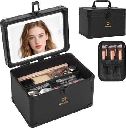 Relavel Travel Makeup Bag With LED Mirror, Cosmetic Train Case with Light up Mirror, Portable Makeup Artist Organizer Bag with Adjustable Dividers, Makeup Brush Holder Storage, Black