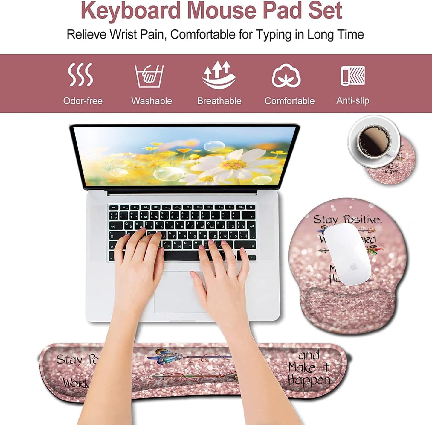 Mouse Pad with Wrist Support, Ergonomic Gel Mouse Pad Beautiful Flowers,Pink Hyacinths on Wood Panel，Non-Slip Durable, Memory Foam Keyboard Wrist Rest, Suitable for Office Typing Games