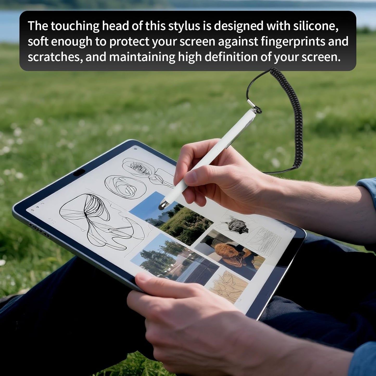 Stylus Pen with Holder and Spring Tether – 6mm Soft Tip Touch Screen Pen for Capacitive Screens, Anti-Loss Stylus with Dock for iPad Android Tablets Laptop Car GPS – No Bluetooth or Battery Needed