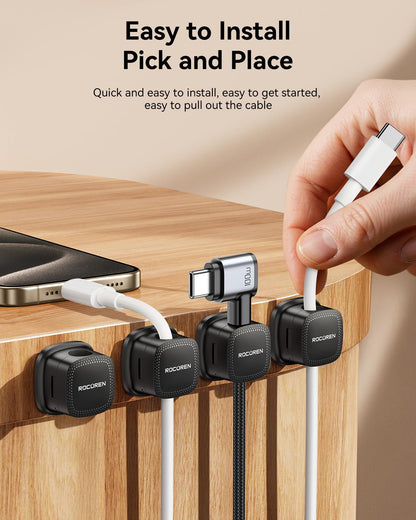 6-Pack Magnetic Cable Clips, Rocoren Smooth Adjustable Adhesive Cord Organizer, Desk Cable Management Wire Holder Keeper Cables Staples for Nightstand Home Office Desk Car Phone Wall Desktop