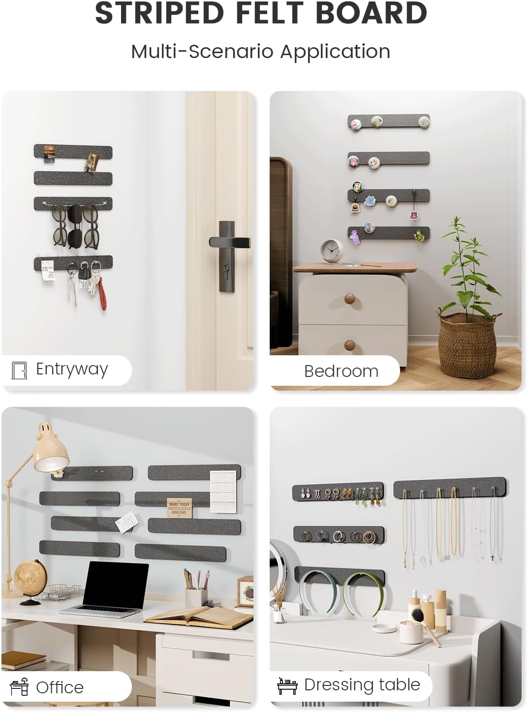Fluxynara Cork Board Alternative Felt Strip Board 8-Pack 13"x2", Office Pin Board with 50 Push Pins, Adhesive Install for Bedroom Door & Home Office(Linen Dusk)