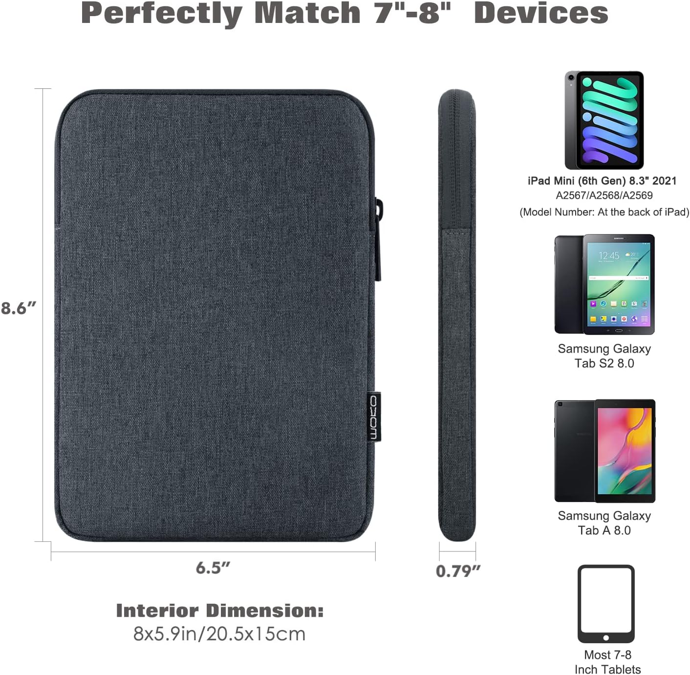 MoKo 7-8 Inch Tablet Sleeve Bag, Polyester Pouch Cover Case Fits iPad mini (A17 Pro) 8.3" 2024, iPad mini 6/5/4/3/2/1, Samsung Galaxy Tab S2 8.0, Tab A 8.0, ZenPad Z8s 7.9,Black