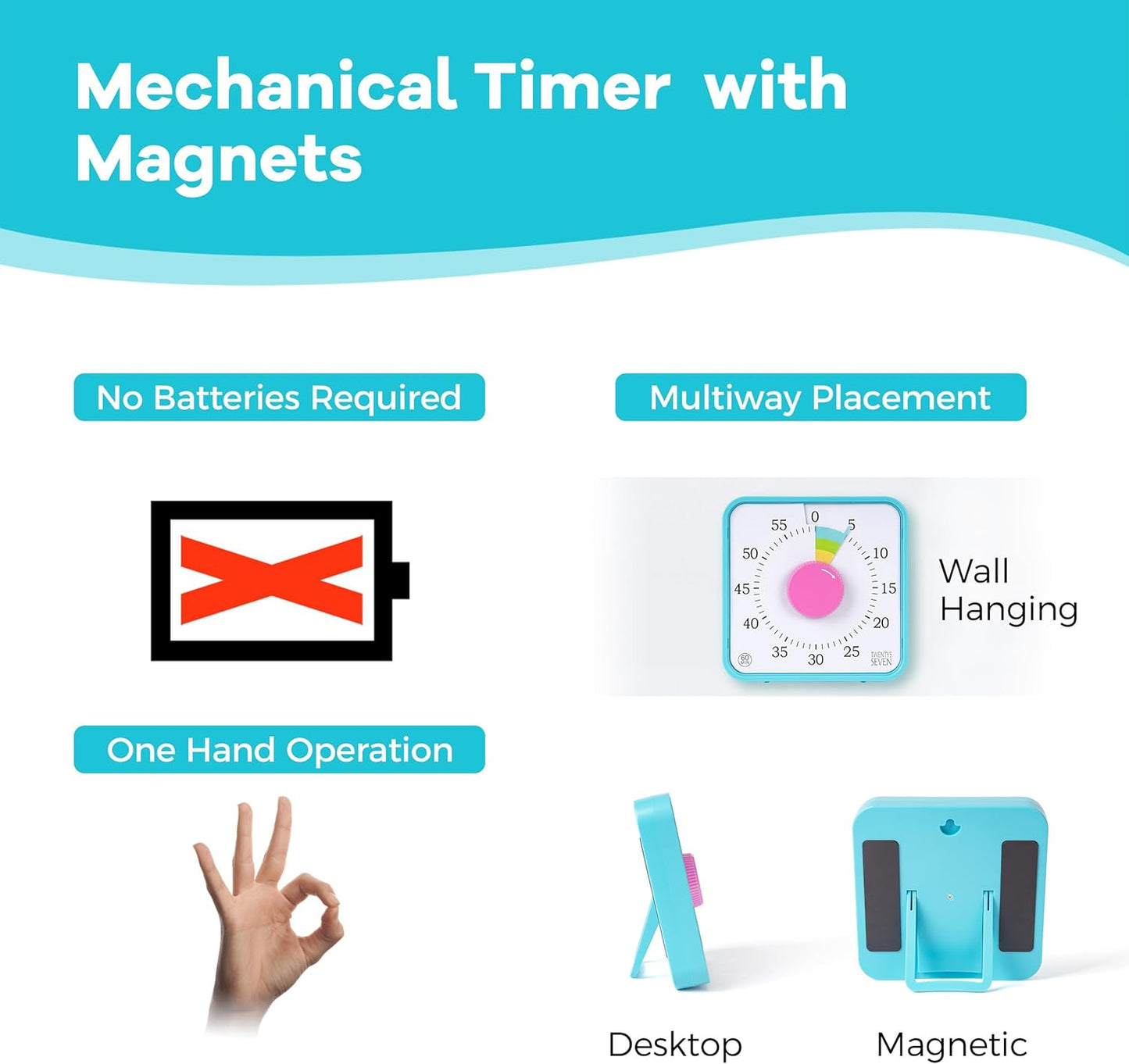 Visual Timer 7.5 inch; 60 Minute 1 Hour Countdown Timer for Kids Classroom Teaching Tool Home Office Meeting, Mechanical Countdown Clock for Exam Time Management Magnetic, Sky Blue with Colorful Disc