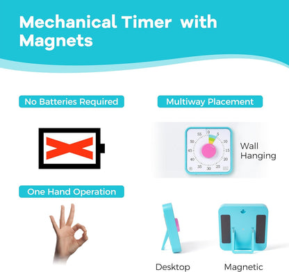 Visual Timer 7.5 inch; 60 Minute 1 Hour Countdown Timer for Kids Classroom Teaching Tool Home Office Meeting, Mechanical Countdown Clock for Exam Time Management Magnetic, Sky Blue with Colorful Disc
