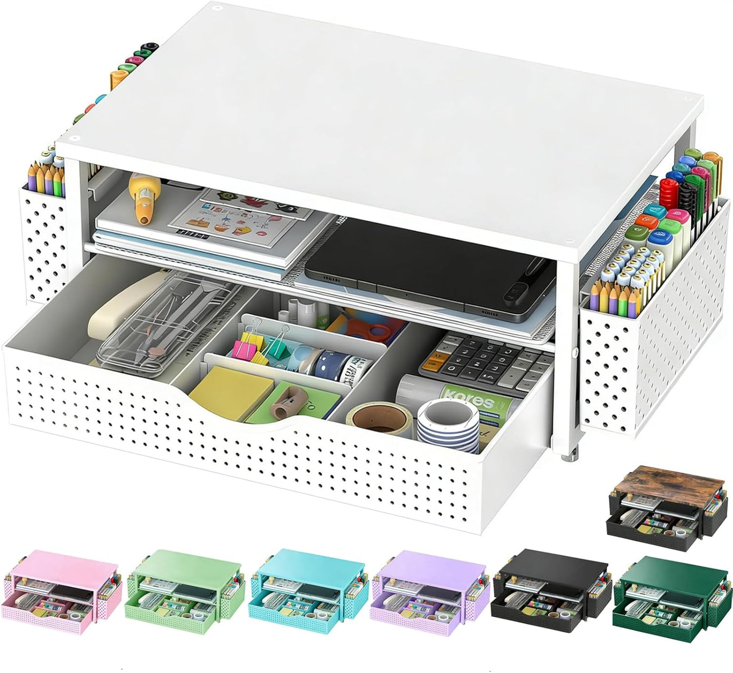 Spacrea Desk Organizer and Accessories, Computer Monitor Stand Riser with Drawer and 2 Pen Holders, Office Desk Accessories & Workspace Organizers for Office Supplies (Wood)