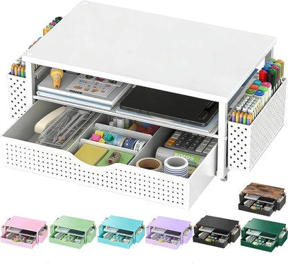 Spacrea Desk Organizer and Accessories, Computer Monitor Stand Riser with Drawer and 2 Pen Holders, Office Desk Accessories & Workspace Organizers for Office Supplies (Wood)
