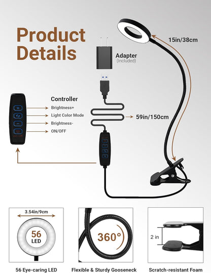Clip on Lamp,5 Colors+10 Brightness LED Desk Lamp with Clamp,550lm Bright Clip on Light for Bed Headboard/Bedside Table,360°Adjustable Reading Light for Bed,Desk Lights for Home Office Study [Adapter]