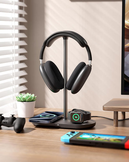 HiWe 4-in-1 RGB Gaming Headphone Stand with Dual Controller Holder, Wireless Charger for iPhone/Apple Watch, USB-A & USB-C Outputs, Adapter Included, Black