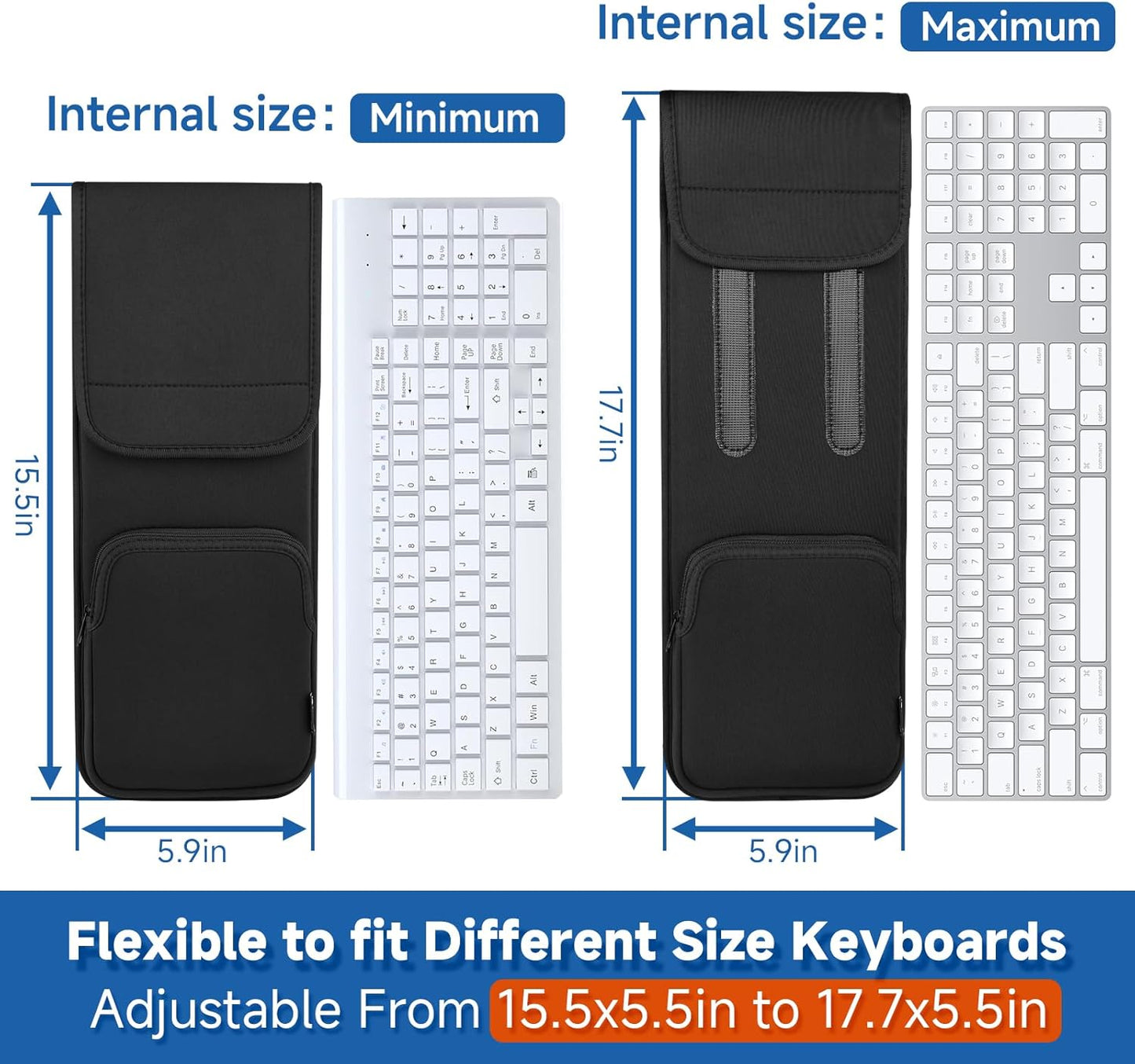 CaZLUTION Slim Neoprene Keyboard Sleeve Case for Wireless Keyboards (Fits 5.5" x 15.5" up to 5.5" x 17.7"), Protective Travel Storage with Mouse Pocket - Black
