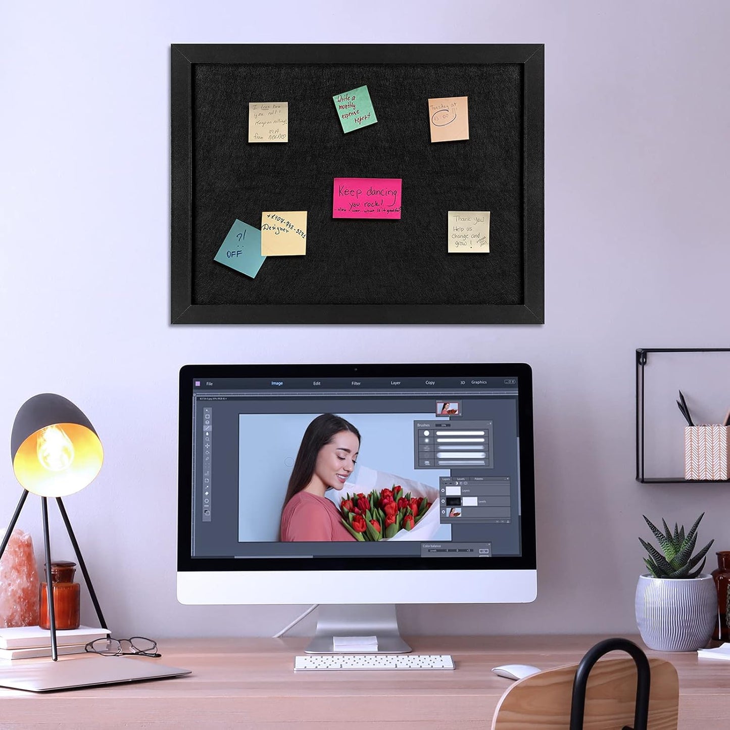 TORASO Cork Board Bulletin Board with Felt,Wood Framed Display Bulletin Board for Walls with Pins, Eye Bolts, gaskets, Screws, Pin Board for Office, School and Home(Black,1pc)