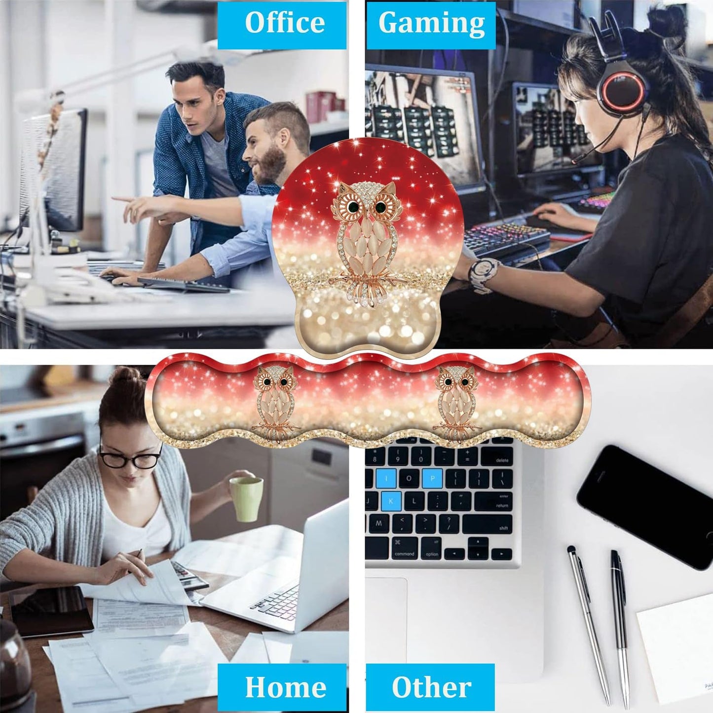 Mouse Wrist Rest and Keyboard Wrist Rest Pad Set, Non-Slip Rubber Base Smooth Surface Ergonomic Gaming Mouse Pad for Easy Typing and Pain Relief, Antique Blue Wood Grain Dog Paw + Coaster