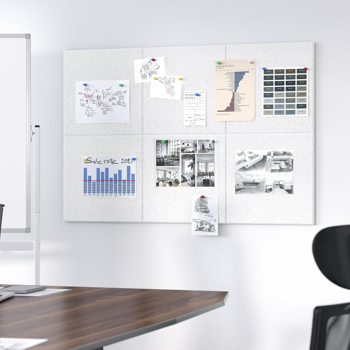 Neatsure Large Cork Board for Wall, Black Felt Bulletin Board with Pushpins, 36" x 24" 6 Panels Wall Tiles, Tack Push Pin Boards for Office