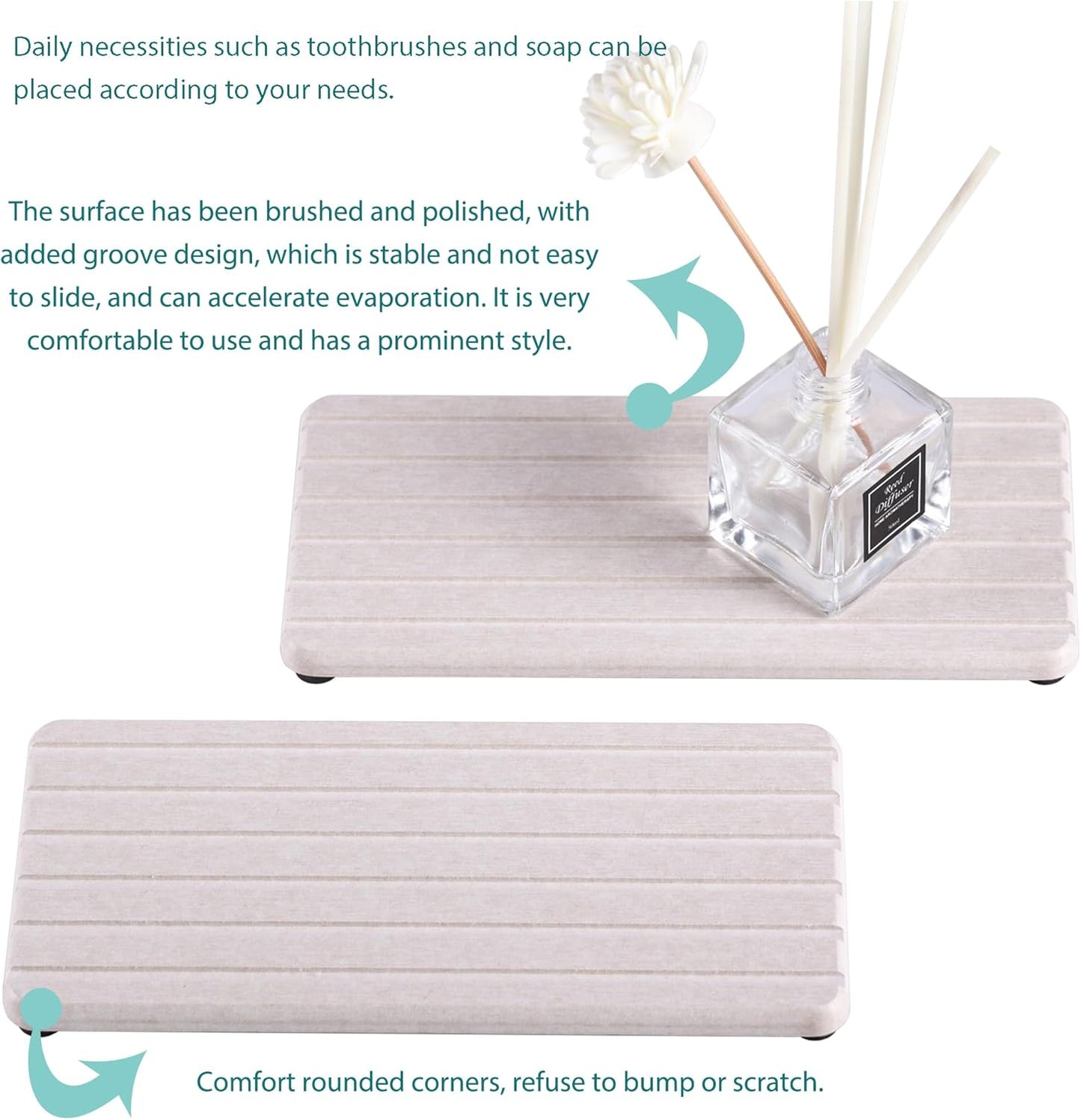 NiuYichee 2 PCS Water Absorbent diatomite Coasters, 8.3" x 4" Water Absorbing Stone Tray for Sink, Stone Drying mat for Kitchen Counter, Stone soap Tray Used for Hand Soaps & toiletries & Plants