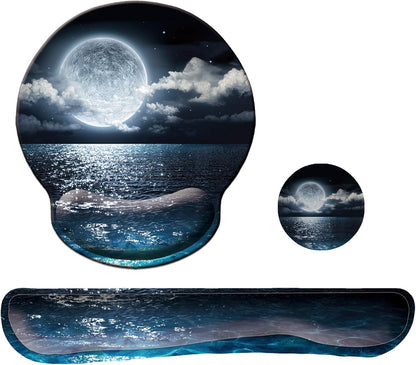 Keyboard Wrist Rest Pad Mouse Pad with Wrist Support Set of 3, Mousepad with Non-Slip Rubber Base, Ergonomic Memory Foam Mouse Wrist Cushion Support for Home Office Laptop Computer Gaming, Forest