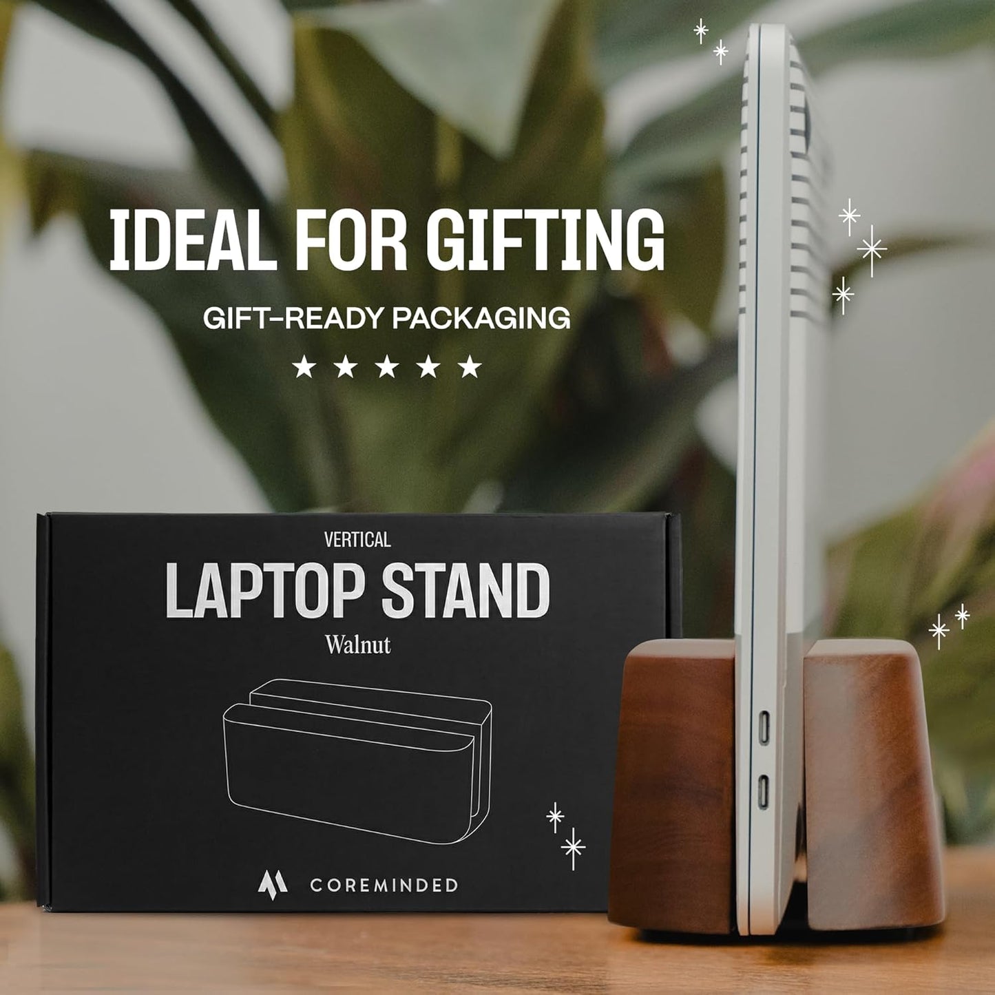 COREMINDED Adjustable Dual Vertical Laptop Stand for Desk, Wooden Laptop Holder, MacBook Pro Stand, Wood Mac Air Dock