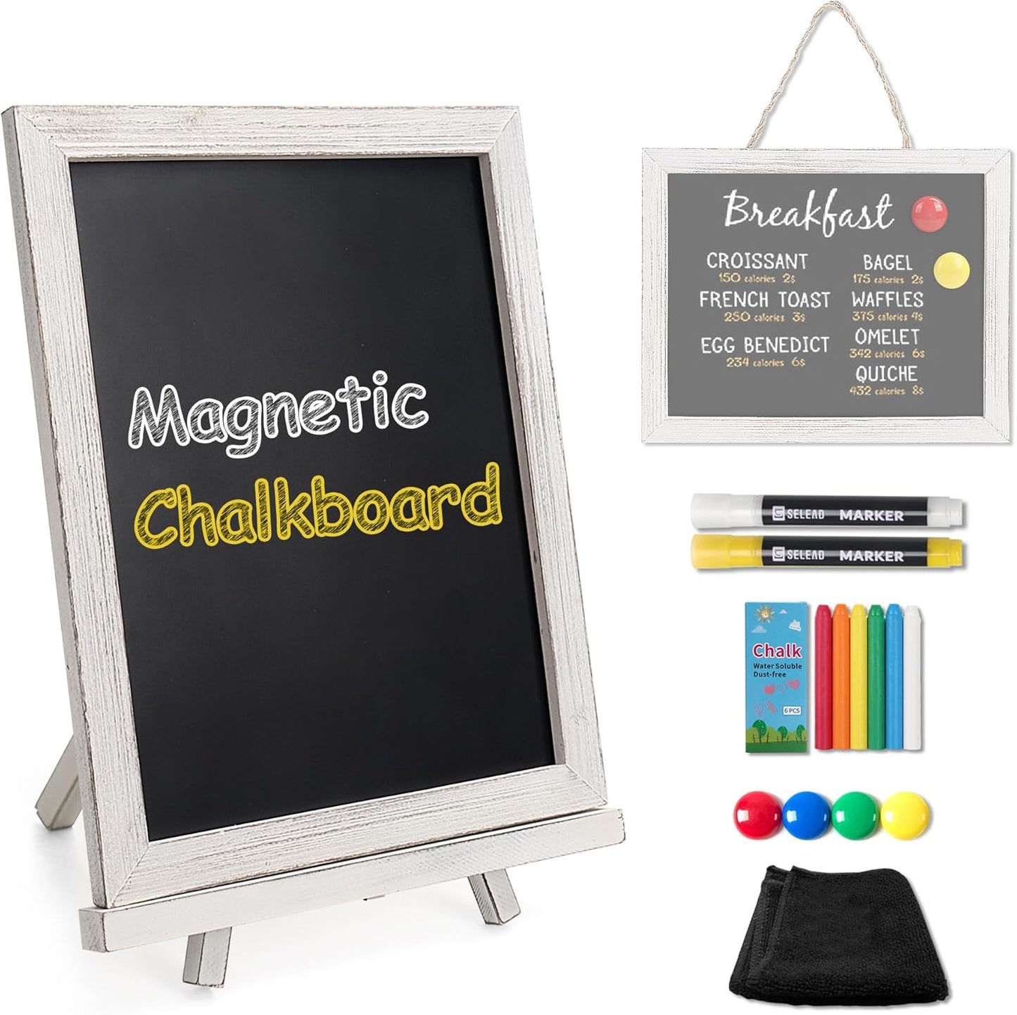SELEAD 100% Real Wood Frame Magnetic Chalkboard with Stand - 10x12 Inch Small Tabletop/Hanging Chalk Board Words Sign Board, Message Menu Board for Cafe, Business, Wedding - Vintage White