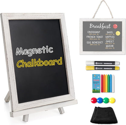 SELEAD 100% Real Wood Frame Magnetic Chalkboard with Stand - 10x12 Inch Small Tabletop/Hanging Chalk Board Words Sign Board, Message Menu Board for Cafe, Business, Wedding - Vintage White