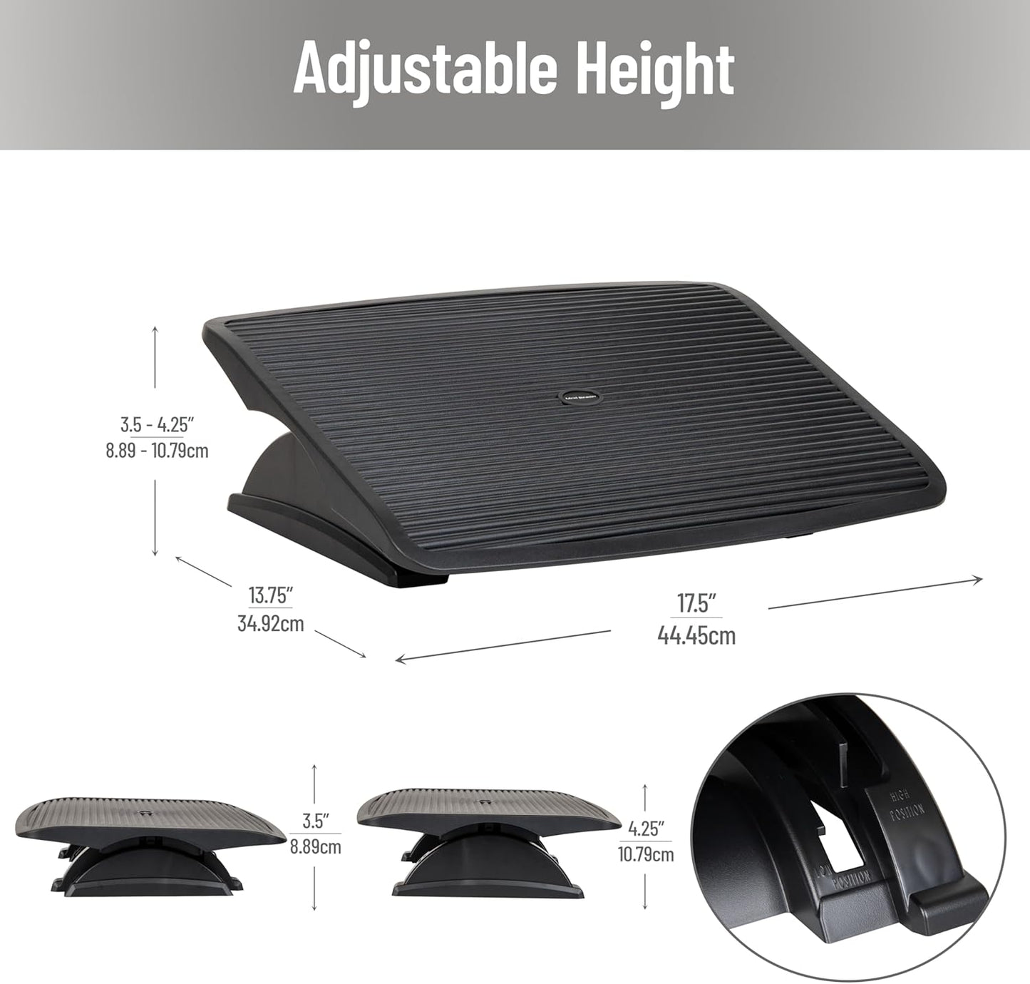 Mind Reader Foot Rest, Under Desk at Work, Ergonomic, Height Adjustable, Office, Plastic, Black