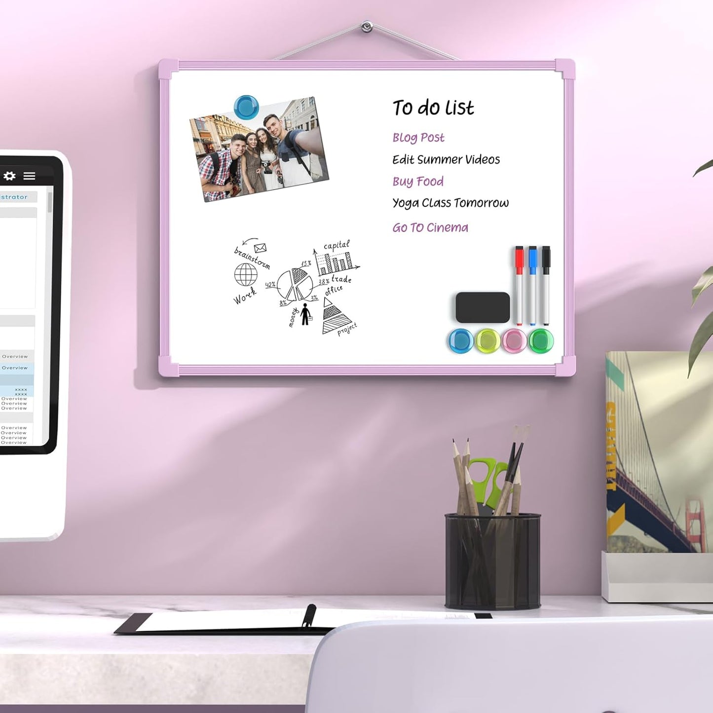 MaxGear Double-Sided Dry Erase Board for Wall, 16"x12" Hanging Whiteboard, Small Dry Erase White Board with 3 Markers and 4 Magnets, Portable Whiteboard for Planning, Drawing, Memo, to Do List