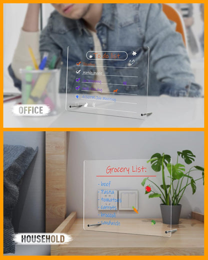Acrylic Dry Erase Board to Do List Desktop Clear Memo Note Board, 9x13 Tabletop Whiteboard with Stand for Office, Home, School, Includes 6 Dry Erase Markers