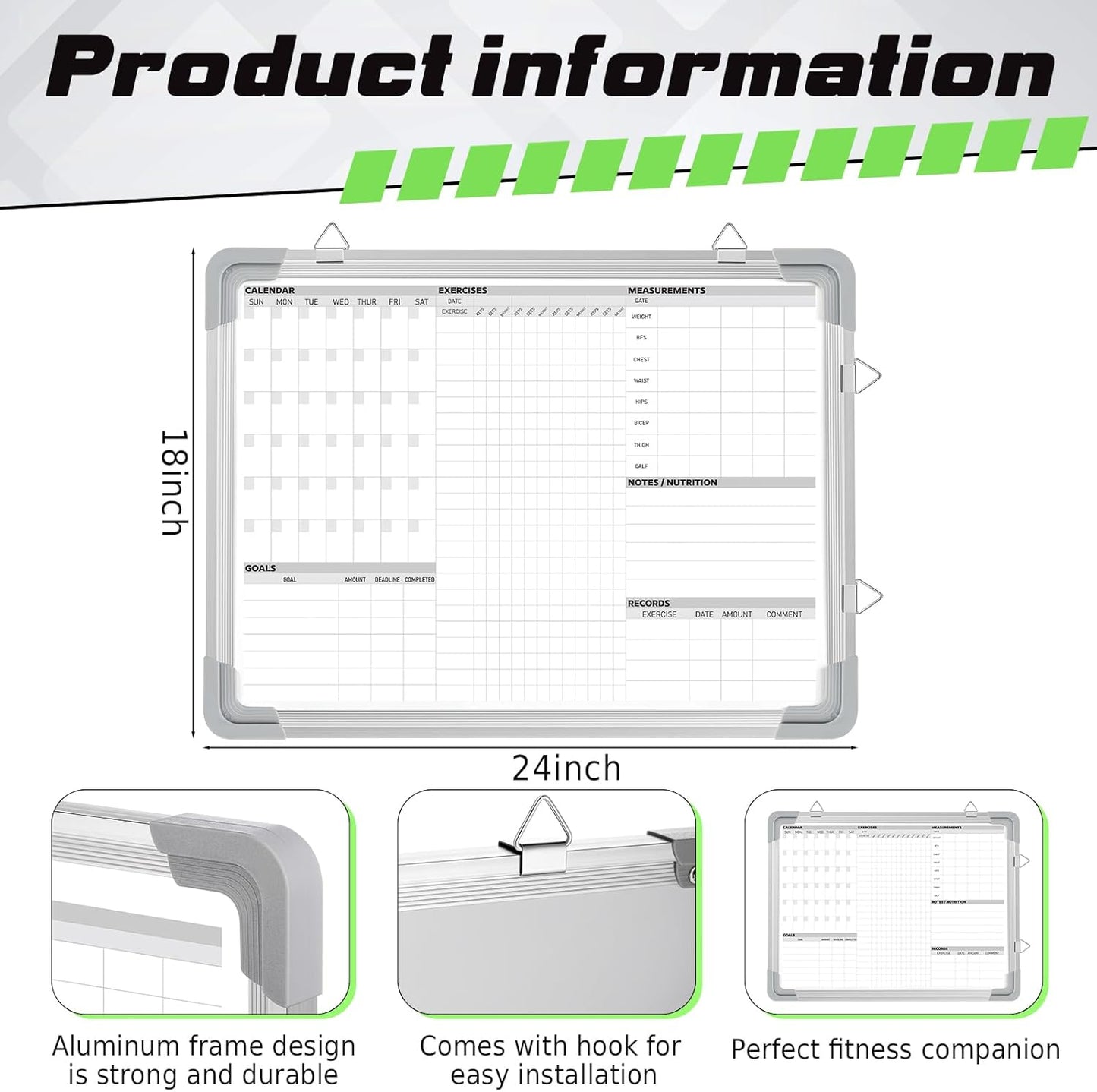 Lincia 16 x 12 Inch Fitness Tracker Whiteboard Workout Calendar for Home Gym Dry Erase Planner Hanging Removable to Do List for Wall Whiteboard with Aluminum Frame for Gym Program(Style A)