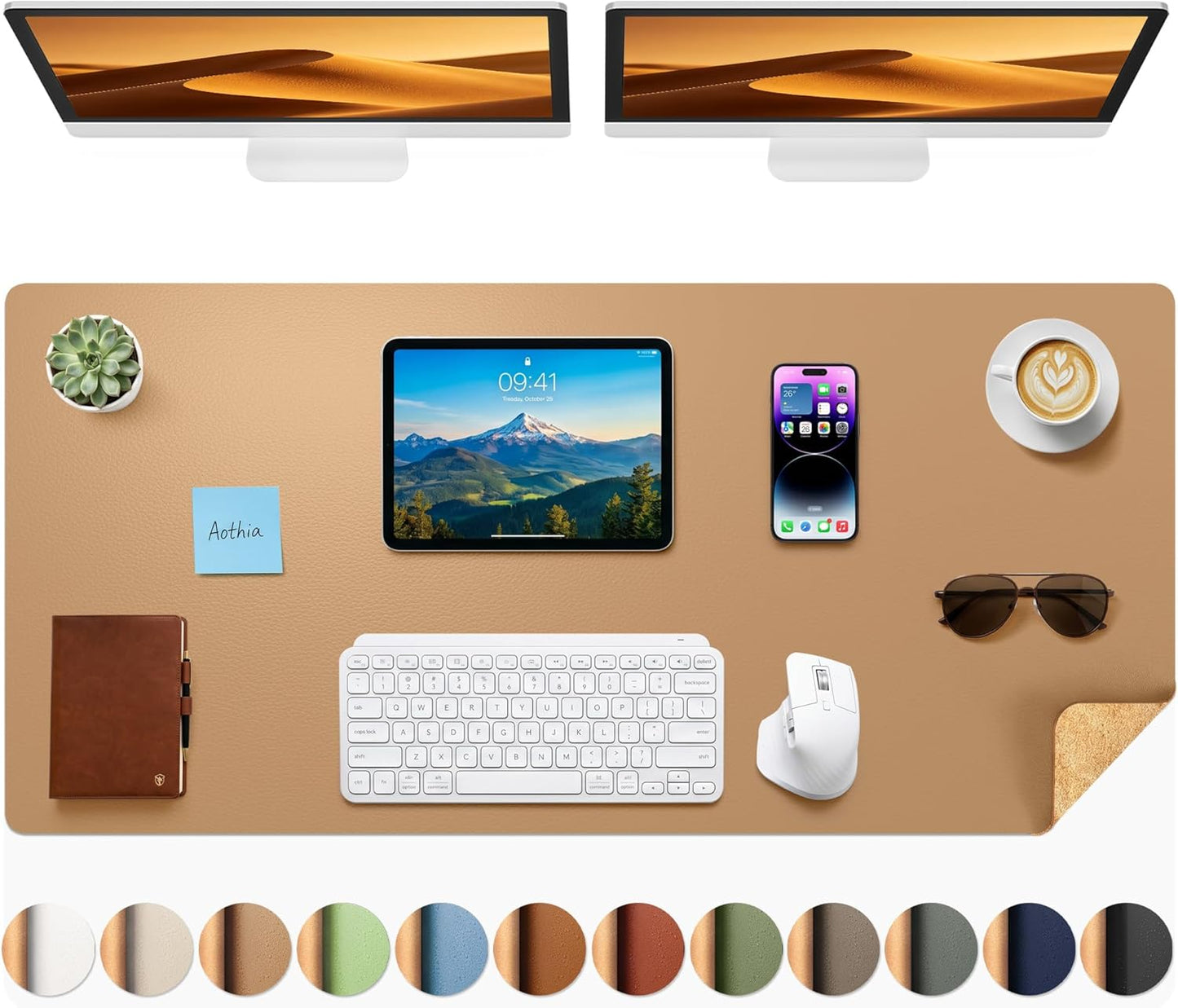 Aothia Dual-Sided Desk Pad - 25.6x13.7 inches Leather Desk Mat, Natural Cork Desk Pad Protector, Large Mouse Pad for Desk, Waterproof Desk Blotter Pad, Desk Writing Pad for Office Work/Home, Black