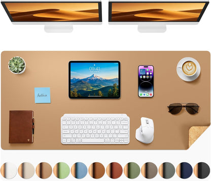 Aothia Dual-Sided Desk Pad - 25.6x13.7 inches Leather Desk Mat, Natural Cork Desk Pad Protector, Large Mouse Pad for Desk, Waterproof Desk Blotter Pad, Desk Writing Pad for Office Work/Home, Black