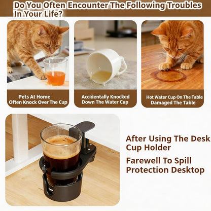 No Drill Desk Cup Holder Clamp, 360° Rotating Anti-Spill Table Cup Holder, Adjustable Clip on Cup Holder for Gaming Desk, Gamer Gift, Drink Holder for Coffee Cup, Office Accessories (Sleek)