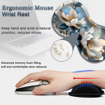 Mouse Wrist Rest and Keyboard Wrist Rest Pad Set, Non-Slip Rubber Base Smooth Surface Ergonomic Gaming Mouse Pad for Easy Typing and Pain Relief, Antique Blue Wood Grain Dog Paw + Coaster