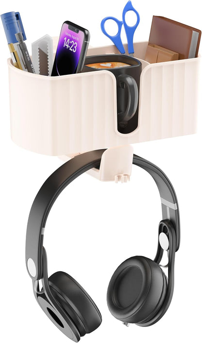 4 in 1 Desk Cup Holder with Storage — Clamp-On Under Desk Cup Holder & Rotating Headphone Hanger, Built-in 2 Wire Holes, Detachable Storage Compartment for Cups, Phones & Pens Desktop Accessories