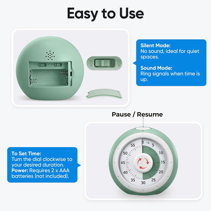 Visual Timer for Kids, 60-Minute Silent Countdown for Classroom, Home, Office, Kitchen, Rainbow Pattern Desk Timer, Time Management Tools with Silent Operation, Pomodoro Timer (Green)
