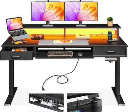 AODK Electric Standing Desk with Drawers & Keyboard Tray, 55 Inch Height Adjustable Gaming Desk with Power Outlets & LED Lights, Sit Stand Table with Monitor Stand for Home, Office, Rustic Brown