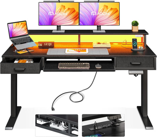 AODK Electric Standing Desk with Drawers & Keyboard Tray, 55 Inch Height Adjustable Gaming Desk with Power Outlets & LED Lights, Sit Stand Table with Monitor Stand for Home, Office, Rustic Brown