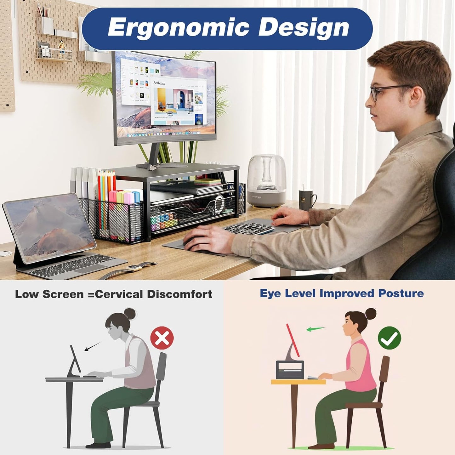 OPNICE Desk Organizers and Accessories, Computer Monitor Stand Riser with Drawer and 2 Pen Holders, Printer & Laptop Stand, Office Desk Accessories & Workspace Organizers for Home Office Supplies, Black