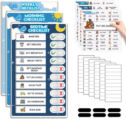 Upgraded Slider Dry Erase Chore Chart for Kids, Whiteboard Magnetic Chore Chart for 2 Kids, Reusable Morning/Bedtime Routine Chart for Kid Toddlers Teens Adult, Visual Schedule for Kid with Autism