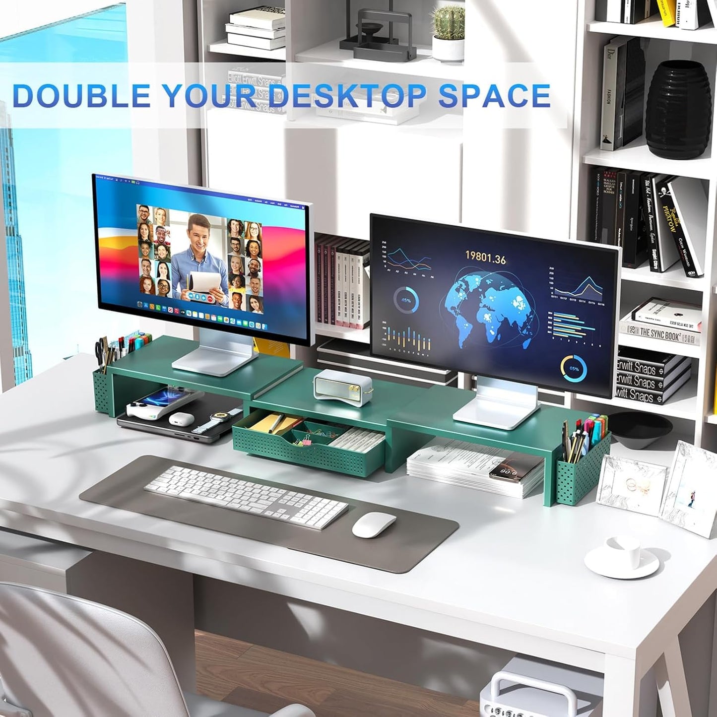gianotter Dual Monitor Stand Riser, Desk Organizer With Drawer and 2 Pen Holders,Computer Monitor Stand, Desk Shelf for Top of Desk, Wood