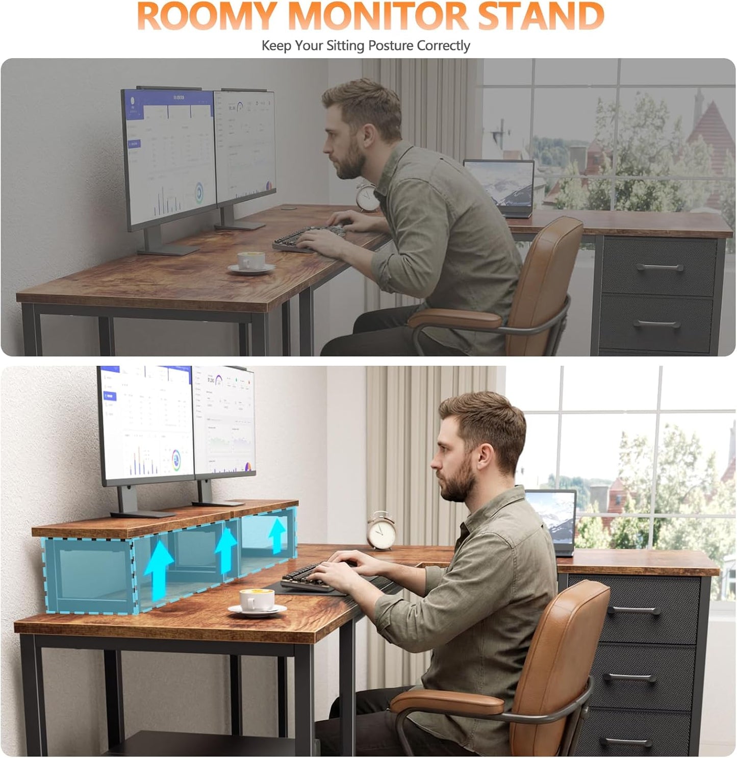 Korfile 59 inch L Shaped Computer Desk with Power Outlets, Home Office Desk with 4 Adjustable Storage Drawers & 2 Monitor Stands, Two Person Gaming Table for Bedroom, Black
