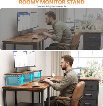 Korfile 59 inch L Shaped Computer Desk with Power Outlets, Home Office Desk with 4 Adjustable Storage Drawers & 2 Monitor Stands, Two Person Gaming Table for Bedroom, Black