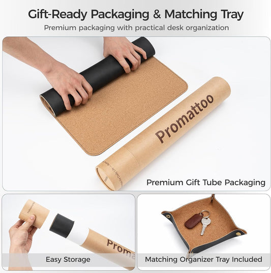 Premium Faux Leather Desk Mat & Tray Set，Innovative Cork-Look Printed Base，Gift Tube Packaging，Full-Desk Coverage，Non-Slip Desk Pad for Office Home（Olive Green）