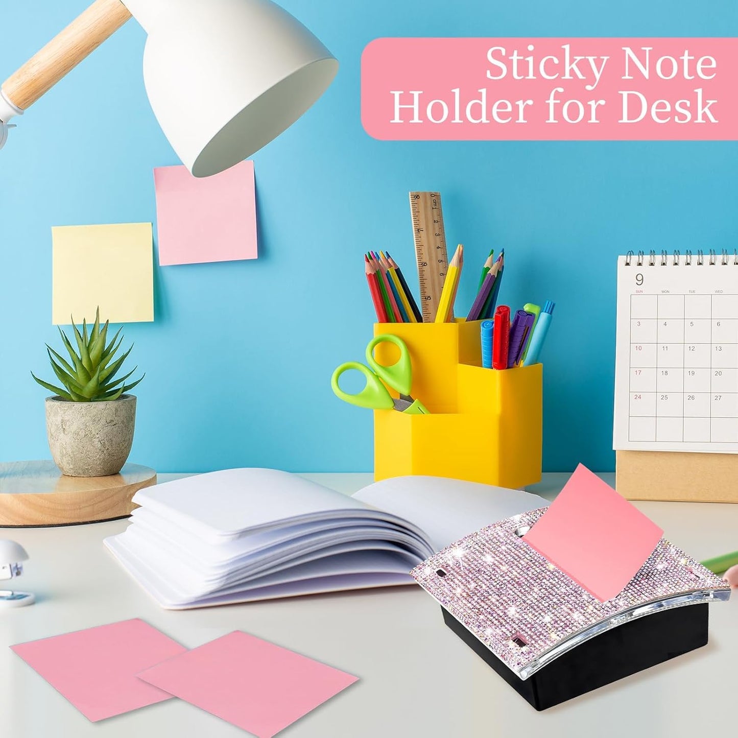 Rhinestone Self Sticky Note Holder Post it Note Dispenser Pop-Up Sticky Notes Dispenser 4 x 4 inch Post it Dispenser for Office Desk Accessories(Pink)